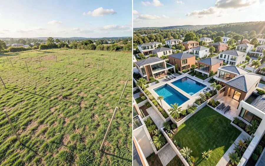 Antes e depois: terreno vazio transformado em empreendimento residencial