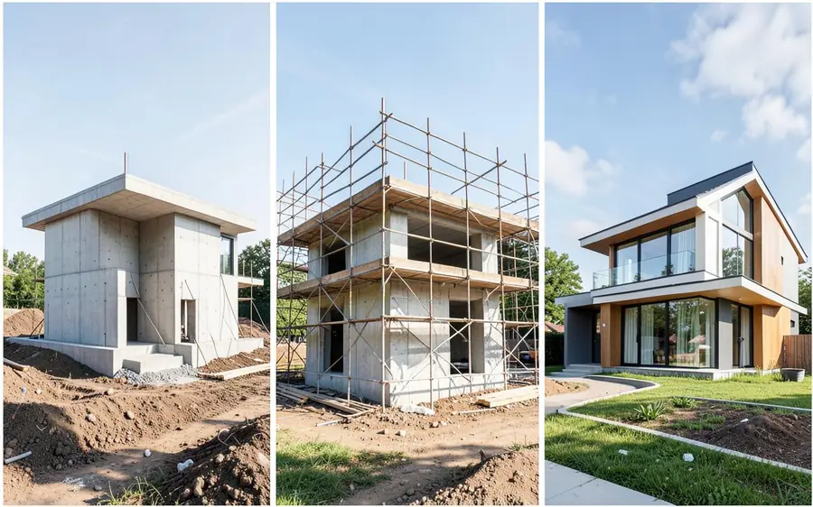 Três estágios de uma construção: fundação, estrutura e casa finalizada