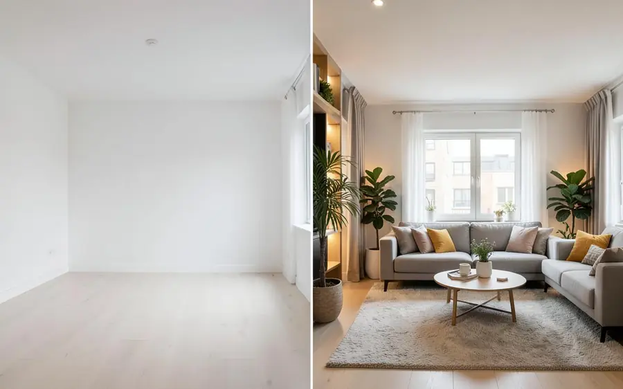 Antes e depois: sala vazia transformada em ambiente decorado