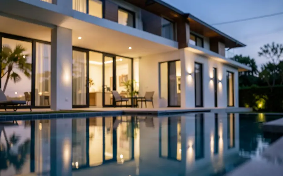 Close-up cinematográfico de fachada e piscina de casa de luxo ao anoitecer